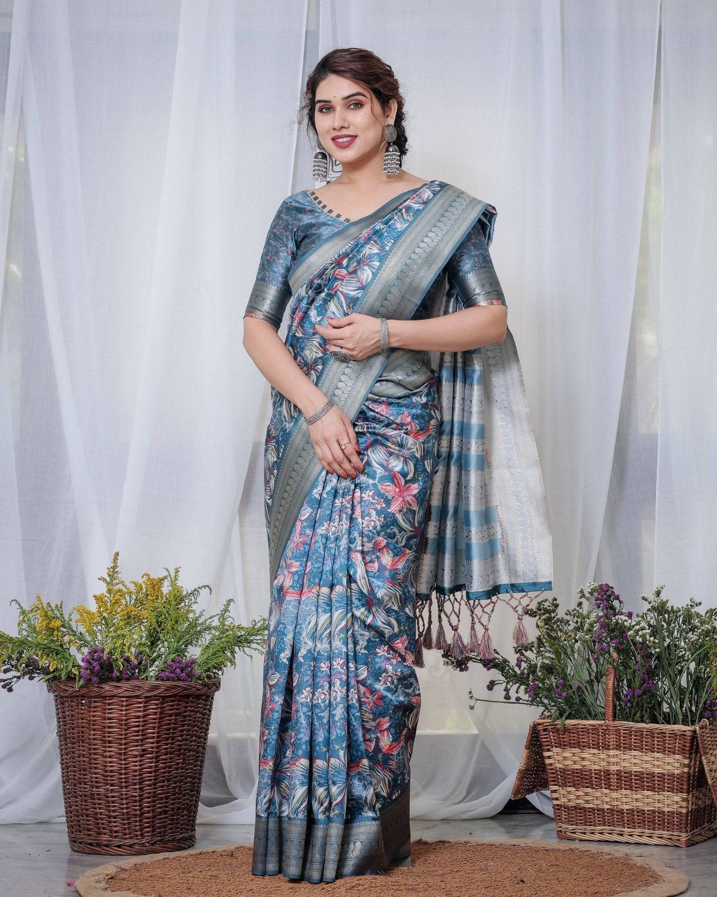 Enchanting Blue Banarasi Silk Saree with Multicolor Floral Weaves and Luxurious Zari Pallu with Tassels