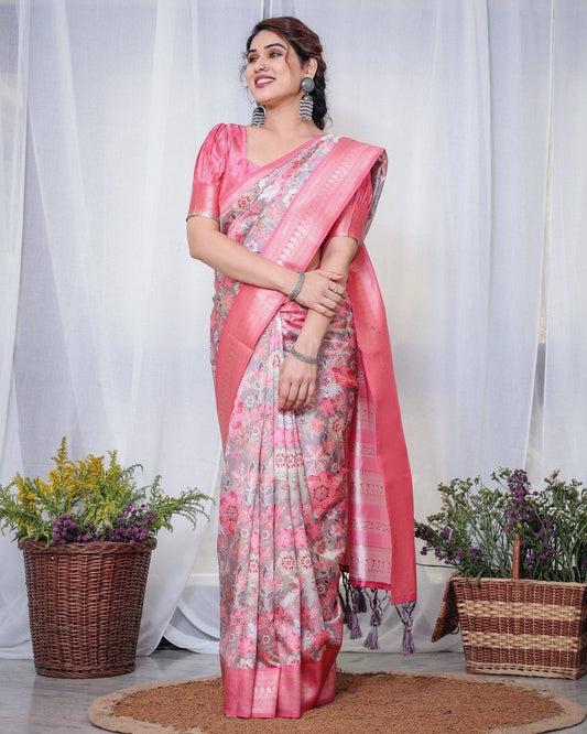 Graceful Pink and Silver Banarasi Silk Saree with Vibrant Floral Design, Zari Weaved Border, and Elegant Pallu