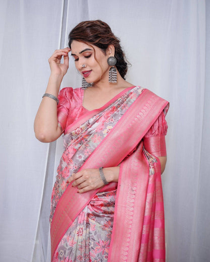 Graceful Pink and Silver Banarasi Silk Saree with Vibrant Floral Design, Zari Weaved Border, and Elegant Pallu