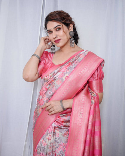 Graceful Pink and Silver Banarasi Silk Saree with Vibrant Floral Design, Zari Weaved Border, and Elegant Pallu