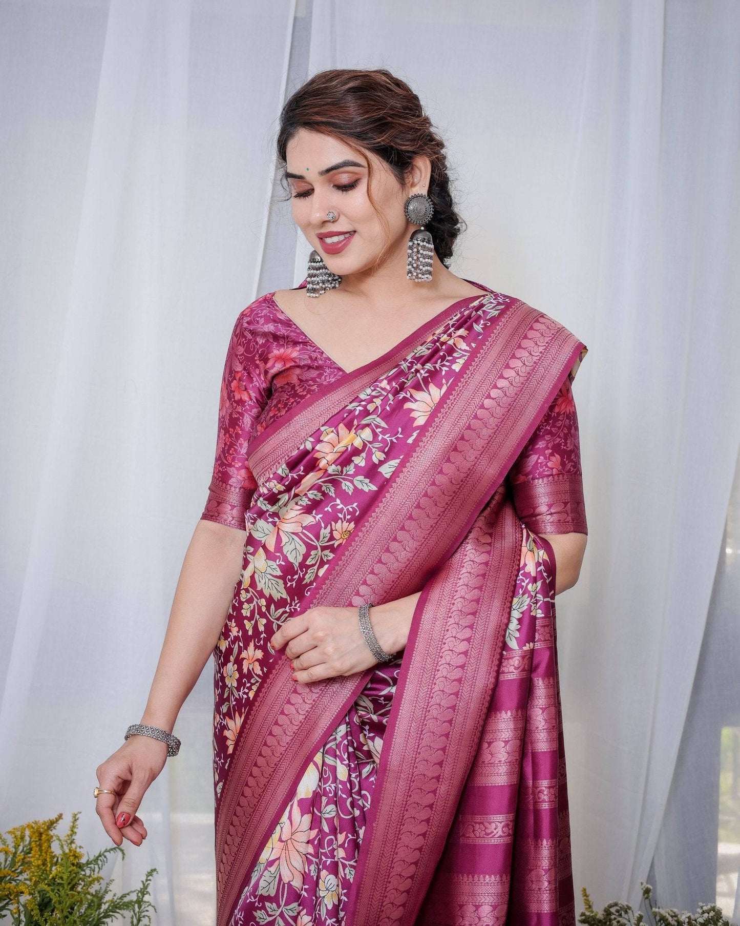 Majestic Maroon Floral Banarasi Silk Saree with Zari Weave and Tassels