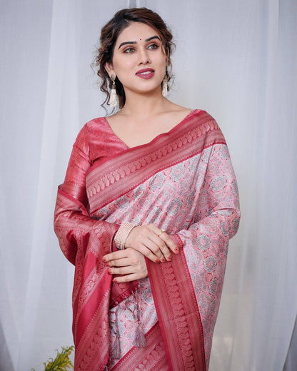 Crimson Red & White Banarasi Silk Saree with Intricate Geometric Motifs