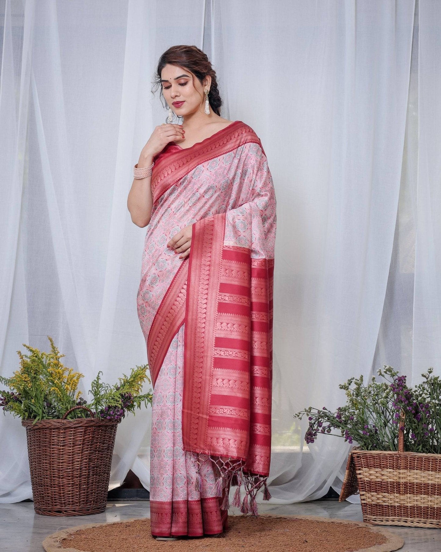 Crimson Red & White Banarasi Silk Saree with Intricate Geometric Motifs