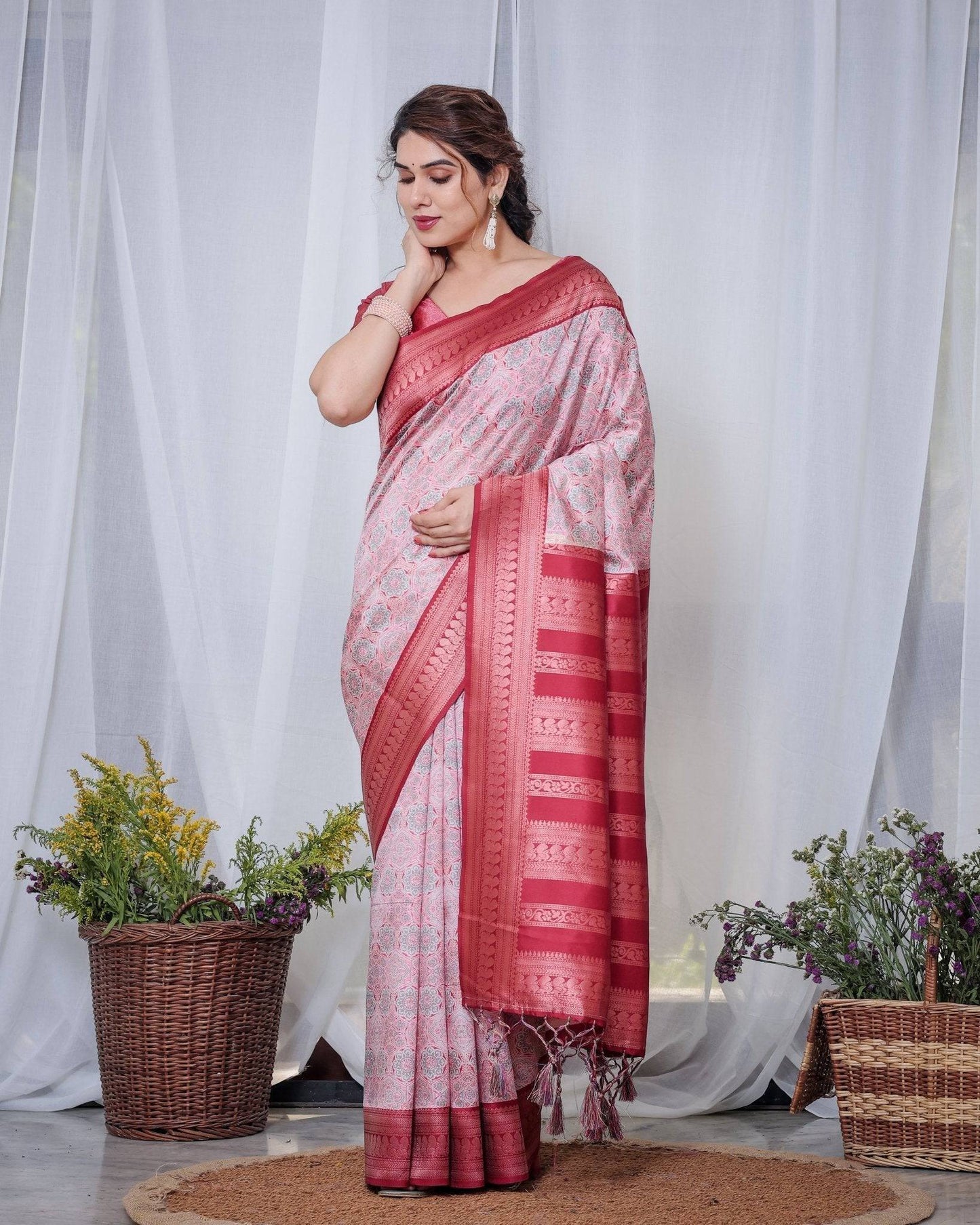 Crimson Red & White Banarasi Silk Saree with Intricate Geometric Motifs