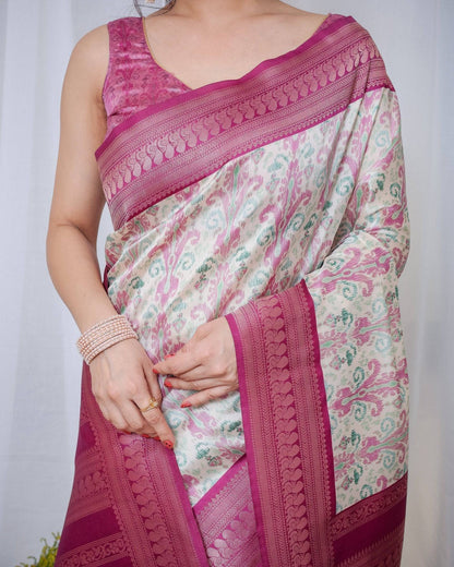 Ivory Banarasi Silk Sarees with Pink Ikat Digital Print, Zari Border & Tassels Pallu