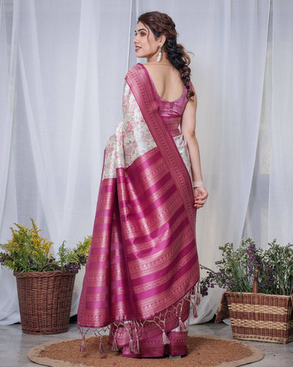 Ivory Banarasi Silk Sarees with Pink Ikat Digital Print, Zari Border & Tassels Pallu