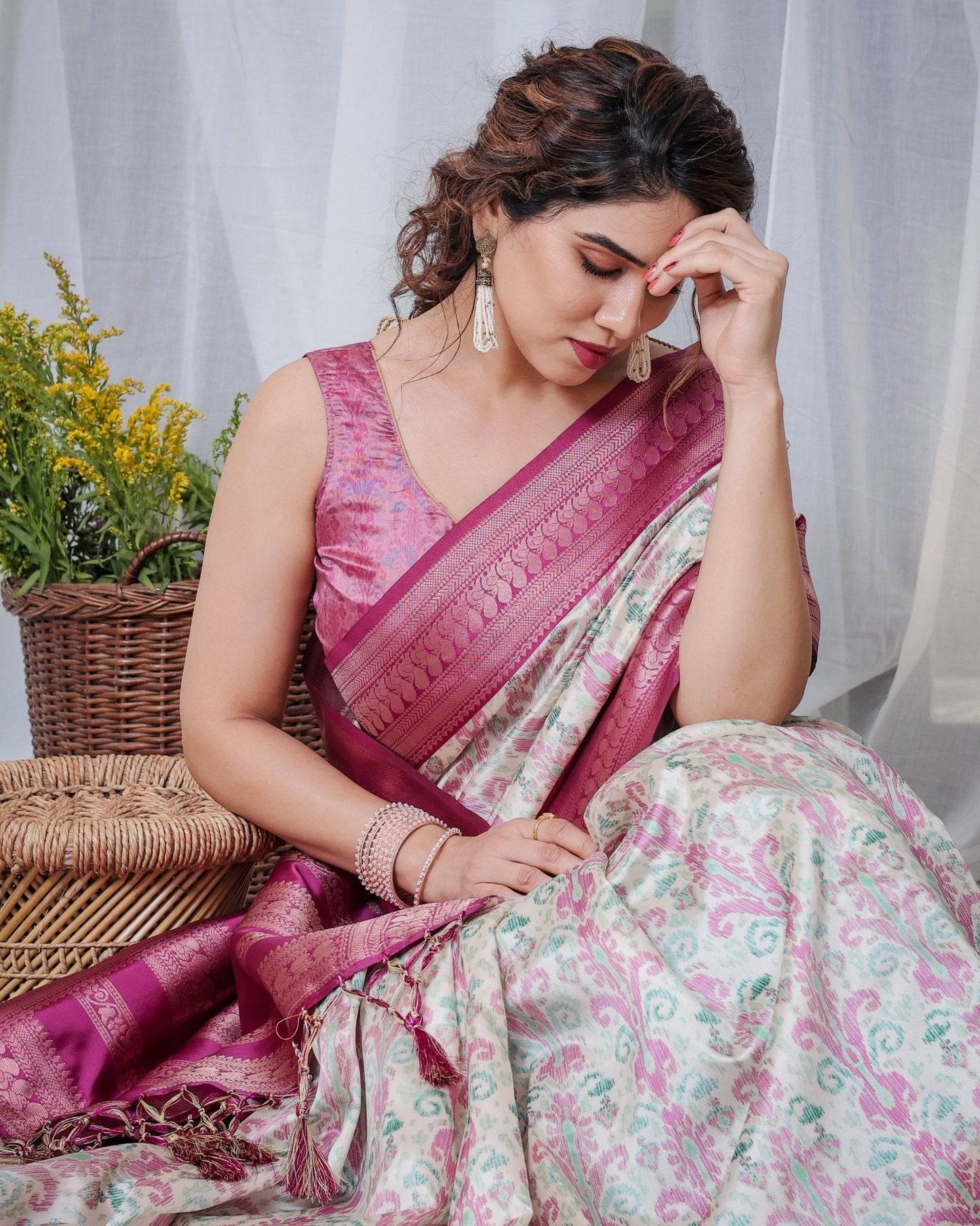 Ivory Banarasi Silk Saree with Pink Ikat Digital Print, Zari Border & Tassel Pallu