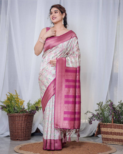 Ivory Banarasi Silk Sarees with Pink Ikat Digital Print, Zari Border & Tassels Pallu