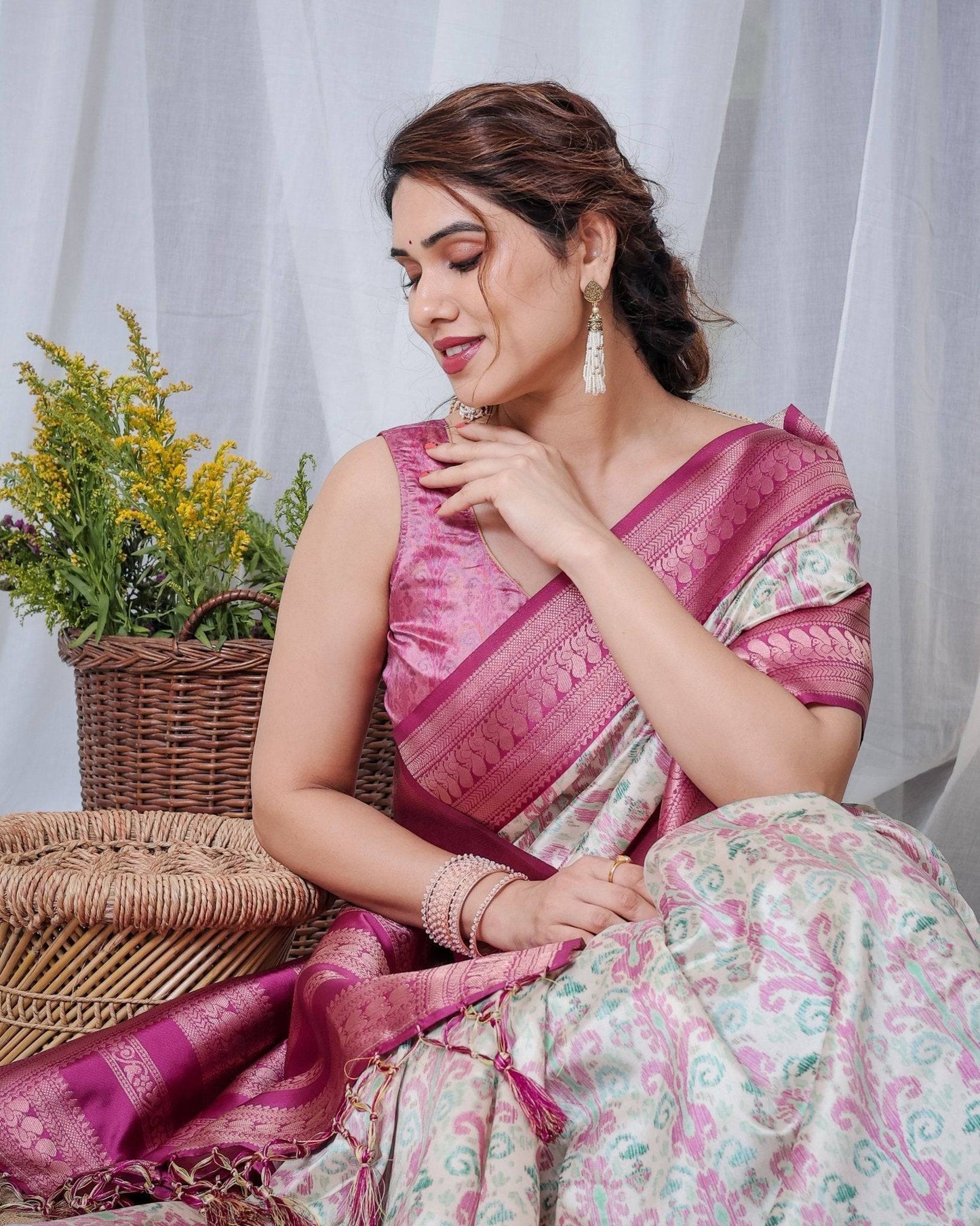 Ivory Banarasi Silk Sarees with Pink Ikat Digital Print, Zari Border & Tassels Pallu