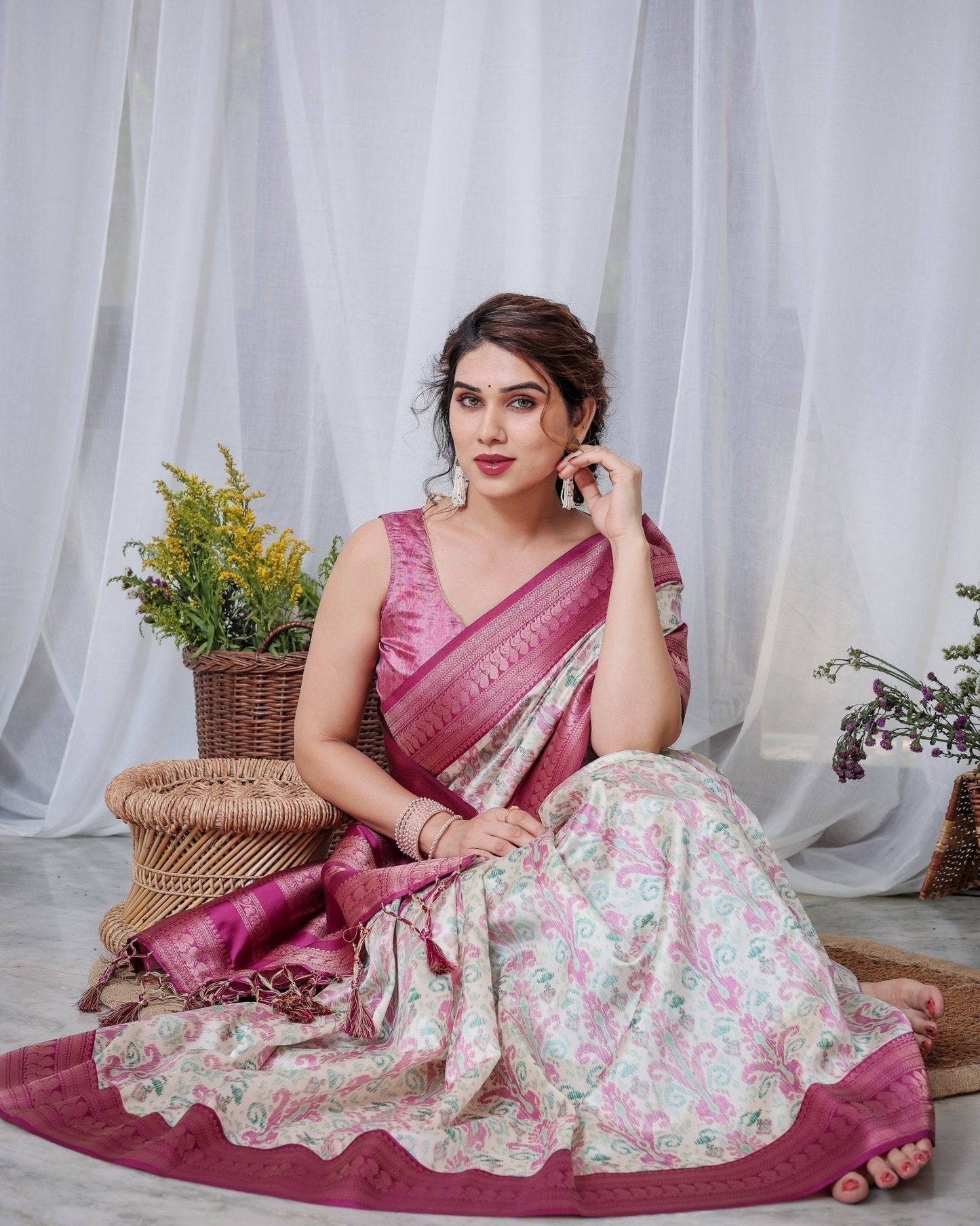 Ivory Banarasi Silk Sarees with Pink Ikat Digital Print, Zari Border & Tassels Pallu