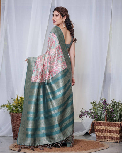 Teal Green Banarasi Silk Saree with Multicolor Digital Patchwork Print & Zari Border