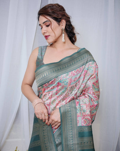 Teal Green Banarasi Silk Saree with Multicolor Digital Patchwork Print & Zari Border