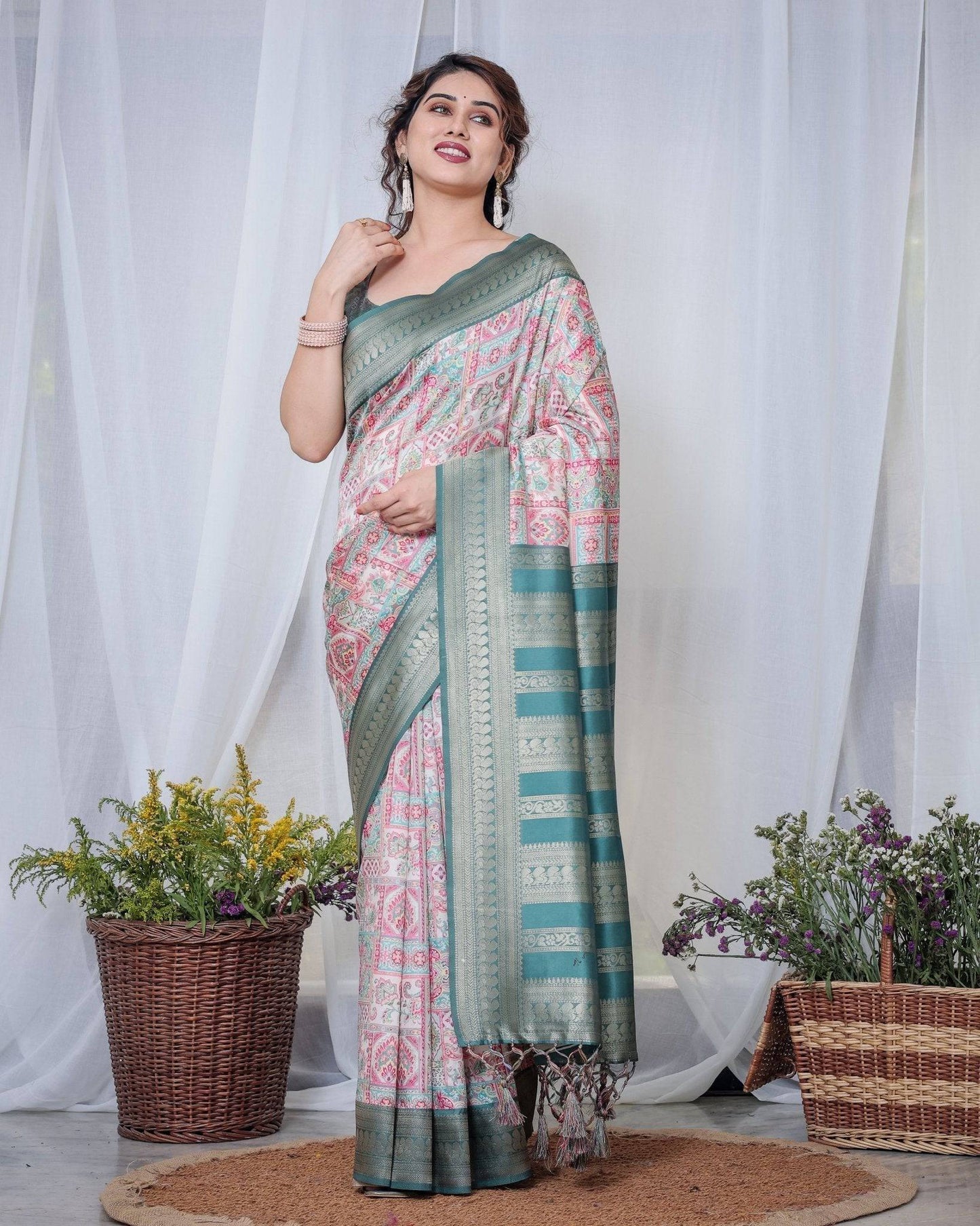 Teal Green Banarasi Silk Saree with Multicolor Digital Patchwork Print & Zari Border