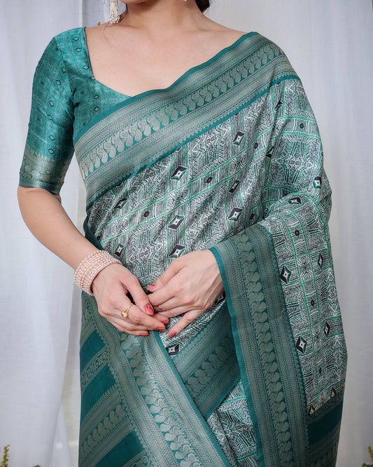 Banarasi Digitally Printed Green Silk Saree with Zari Weave and Elegant Tassels