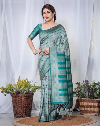 Banarasi Digitally Printed Green Silk Saree with Zari Weave and Elegant Tassels