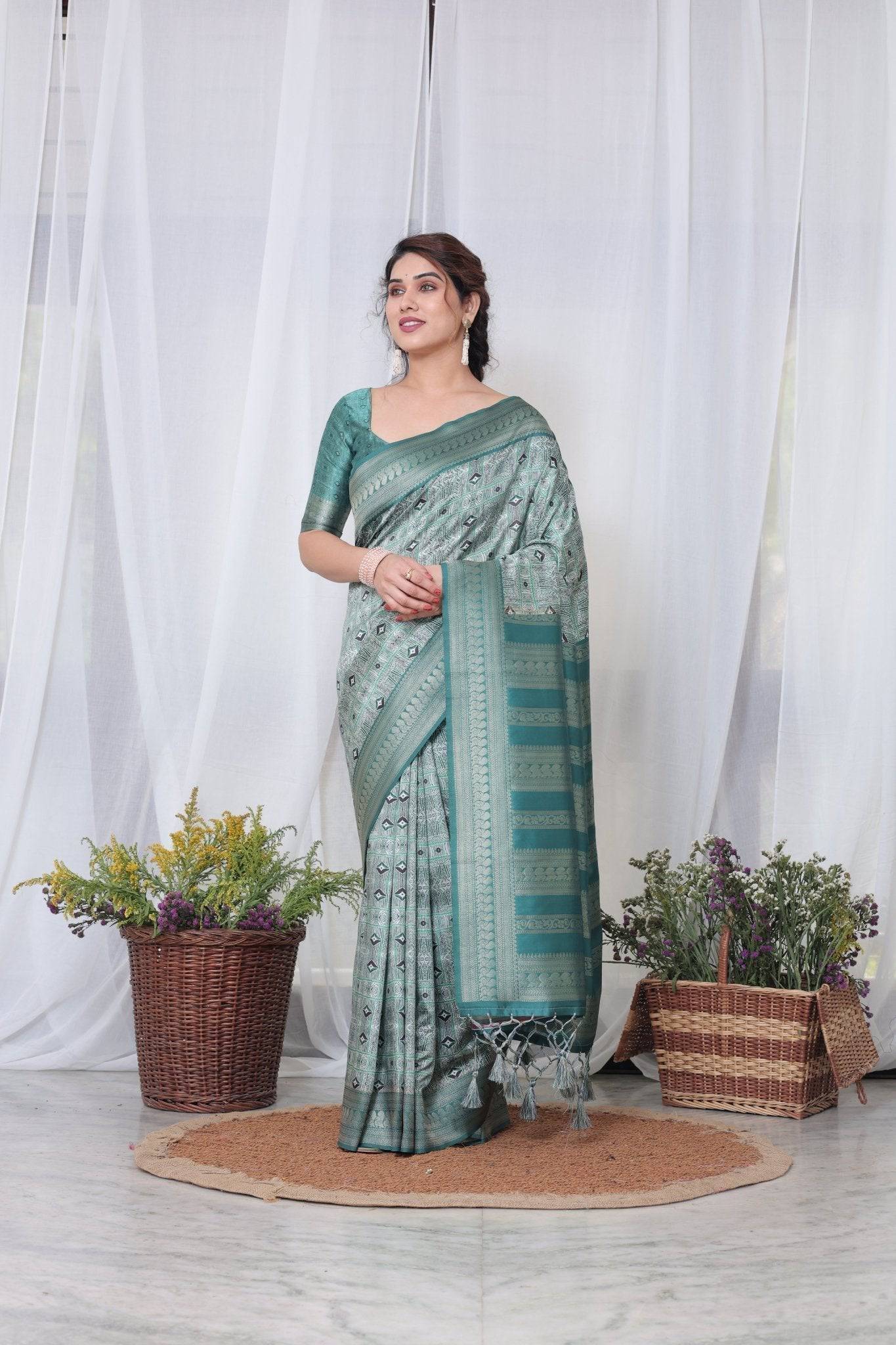 Banarasi Digitally Printed Green Silk Saree with Zari Weave and Elegant Tassels