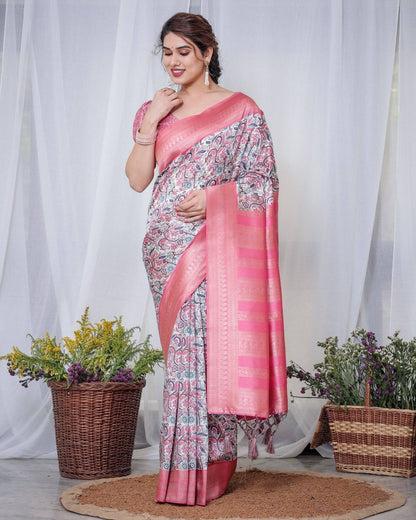 Ivory Banarasi Silk Saree with Vibrant Paisley Digital Print, Pink Zari Border & Tassel Pallu