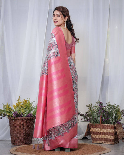 Ivory Banarasi Silk Saree with Vibrant Paisley Digital Print, Pink Zari Border & Tassel Pallu