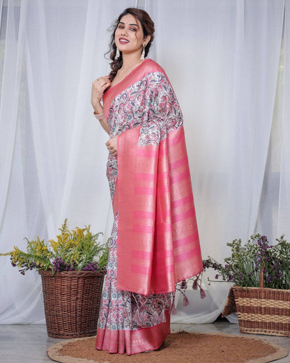 Ivory Banarasi Silk Saree with Vibrant Paisley Digital Print, Pink Zari Border & Tassel Pallu