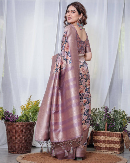 Lilac Banarasi Silk Saree with Pastel Floral Digital Print, Zari Border & Tassel Pallu