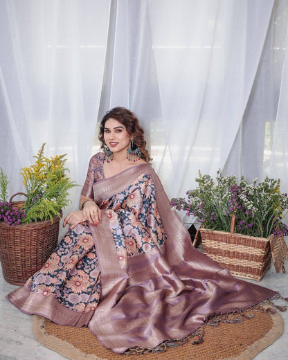 Lilac Banarasi Silk Saree with Pastel Floral Digital Print, Zari Border & Tassel Pallu