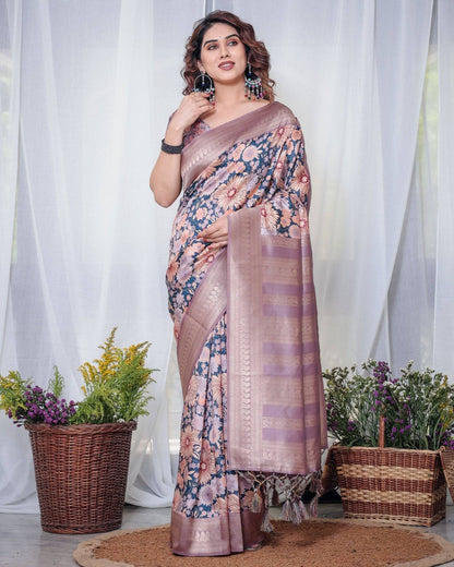 Lilac Banarasi Silk Saree with Pastel Floral Digital Print, Zari Border & Tassel Pallu