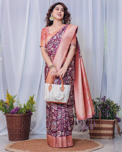 Regal Maroon and Peach Banarasi Silk Saree with Delicate Tassels