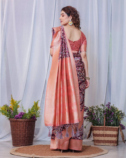 Regal Maroon and Peach Banarasi Silk Saree with Delicate Tassels