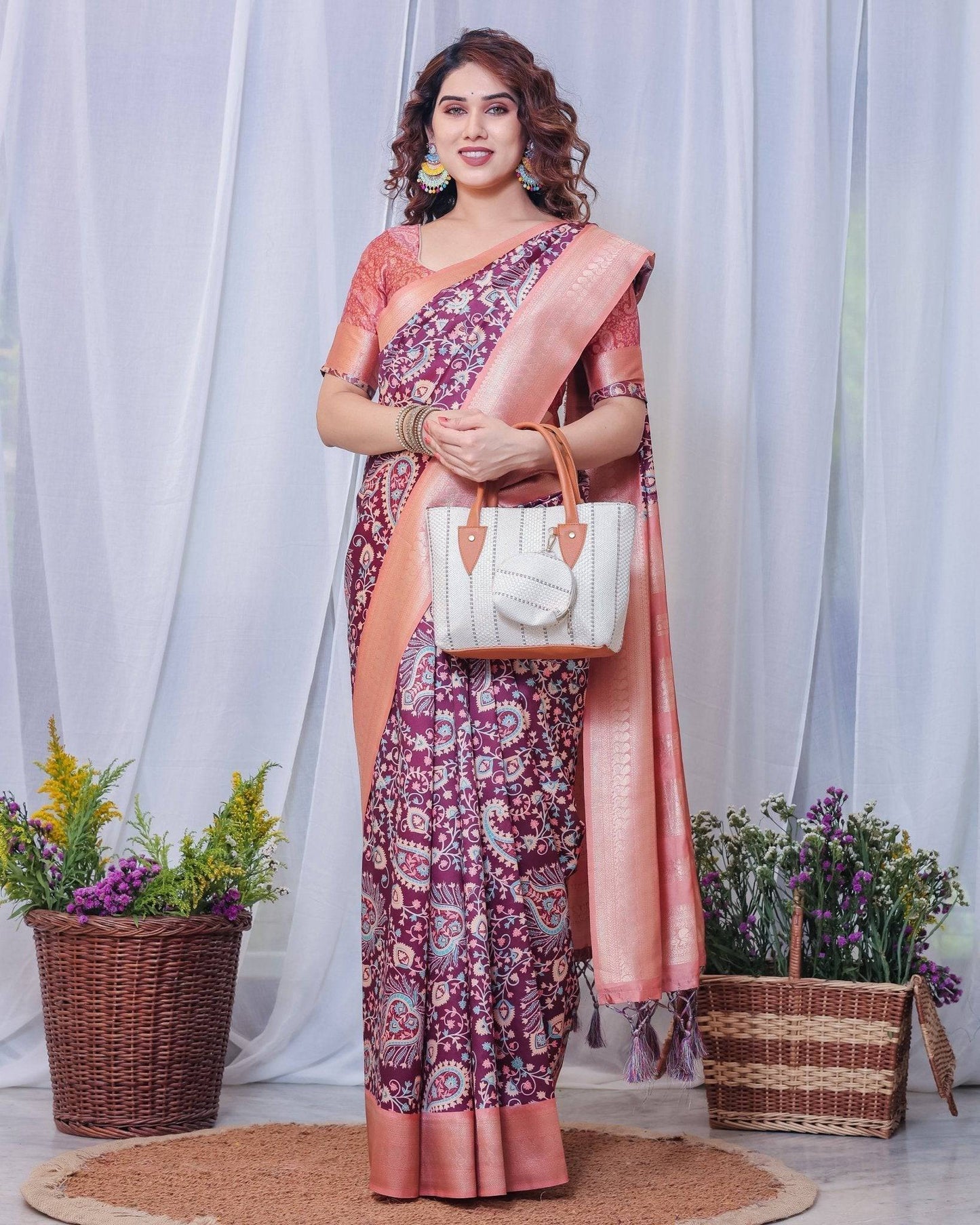 Regal Maroon and Peach Banarasi Silk Saree with Delicate Tassels