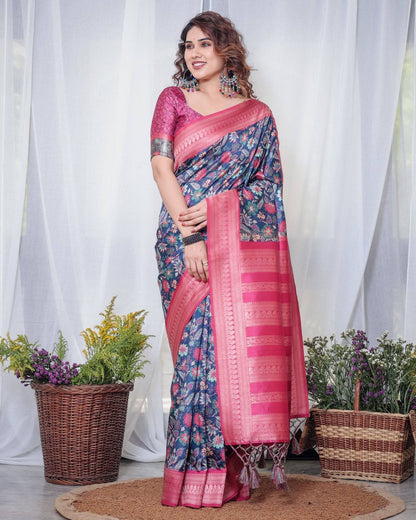 Navy Blue Banarasi Silk Saree with Floral Digital Print, Pink Zari Border & Tassel Pallu