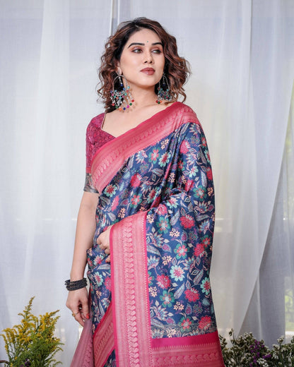 Navy Blue Banarasi Silk Saree with Floral Digital Print, Pink Zari Border & Tassel Pallu