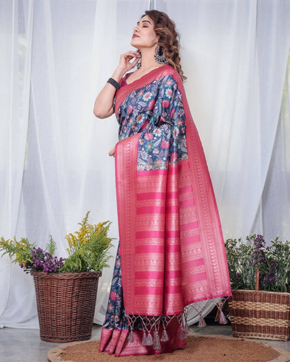 Navy Blue Banarasi Silk Saree with Floral Digital Print, Pink Zari Border & Tassel Pallu