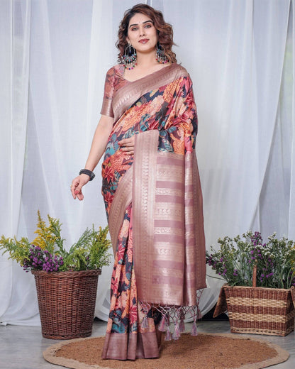 Black Banarasi Silk Saree with Exotic Leopard & Floral Digital Print, Zari Border & Tassel Pallu