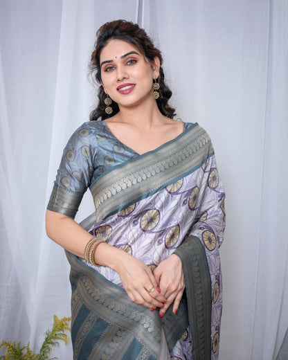 Graceful Banarasi Digitally Printed Silk Saree in Silver and Teal with Zari Work and Tassels