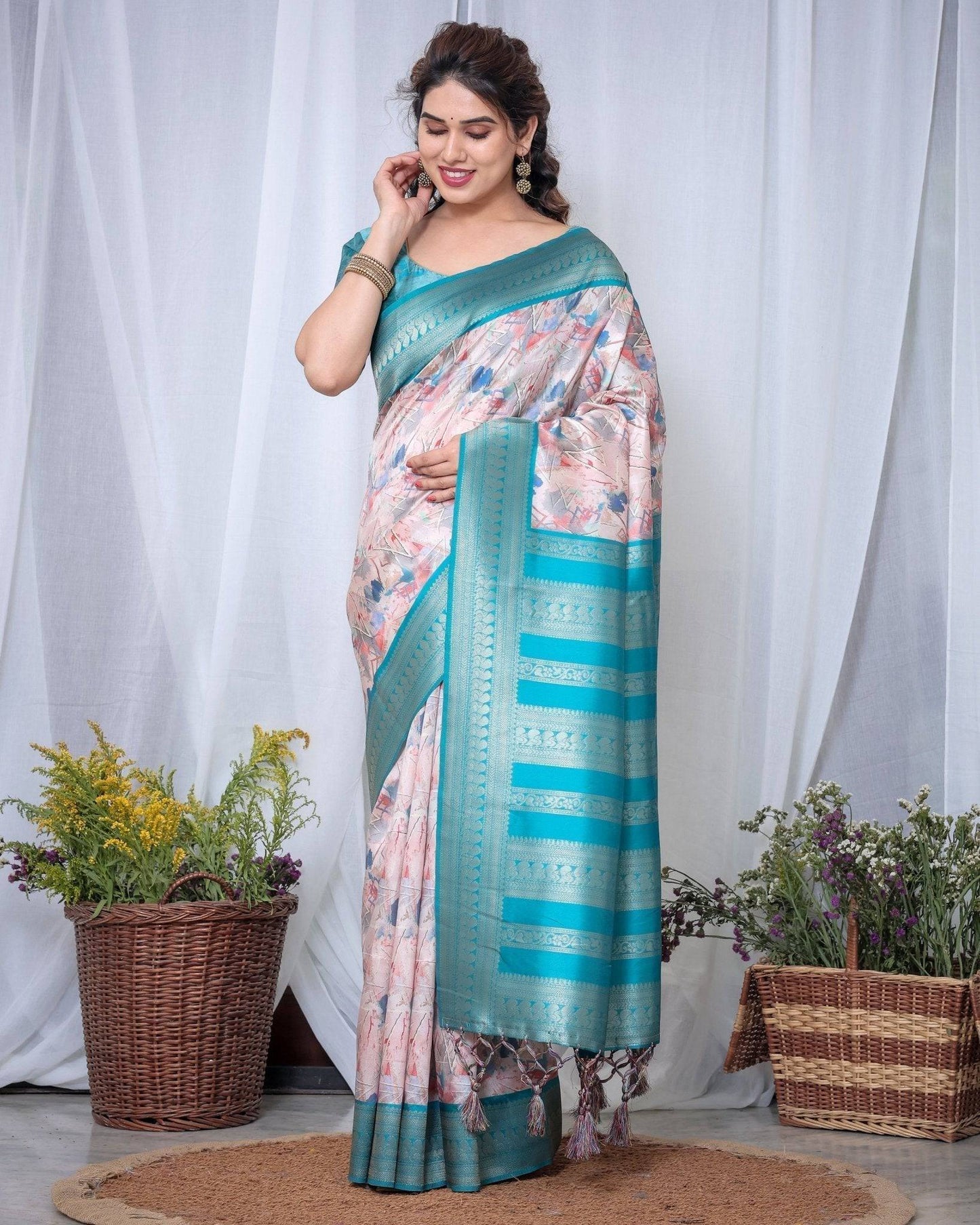 Ivory Banarasi Silk Saree with Pink Ikat Digital Print, Zari Border & Tassel Pallu