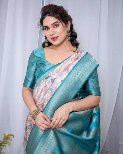 Ivory Banarasi Silk Saree with Pink Ikat Digital Print, Zari Border & Tassel Pallu