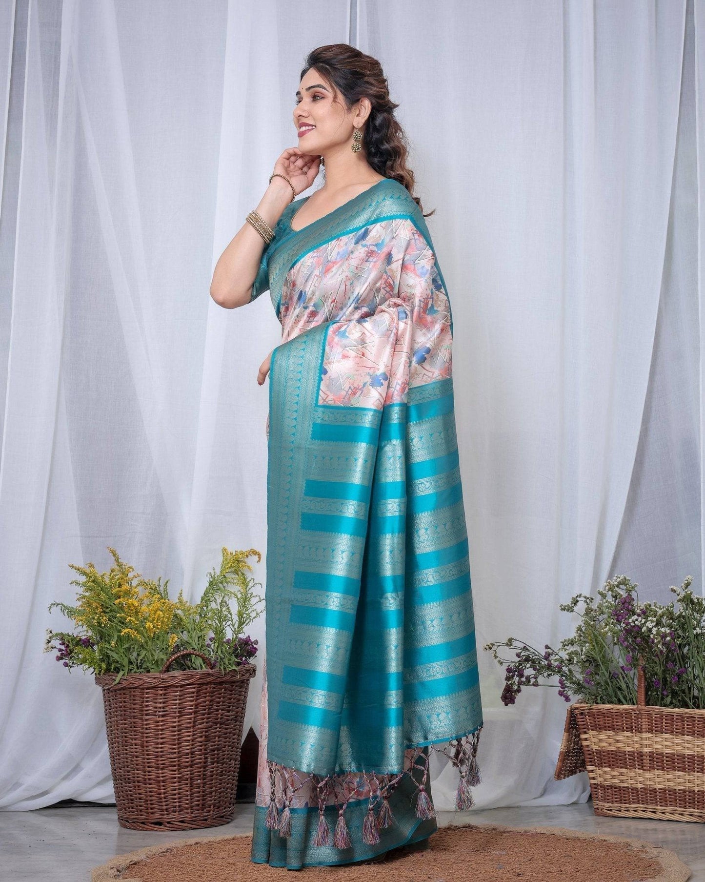 Ivory Banarasi Silk Saree with Pink Ikat Digital Print, Zari Border & Tassel Pallu