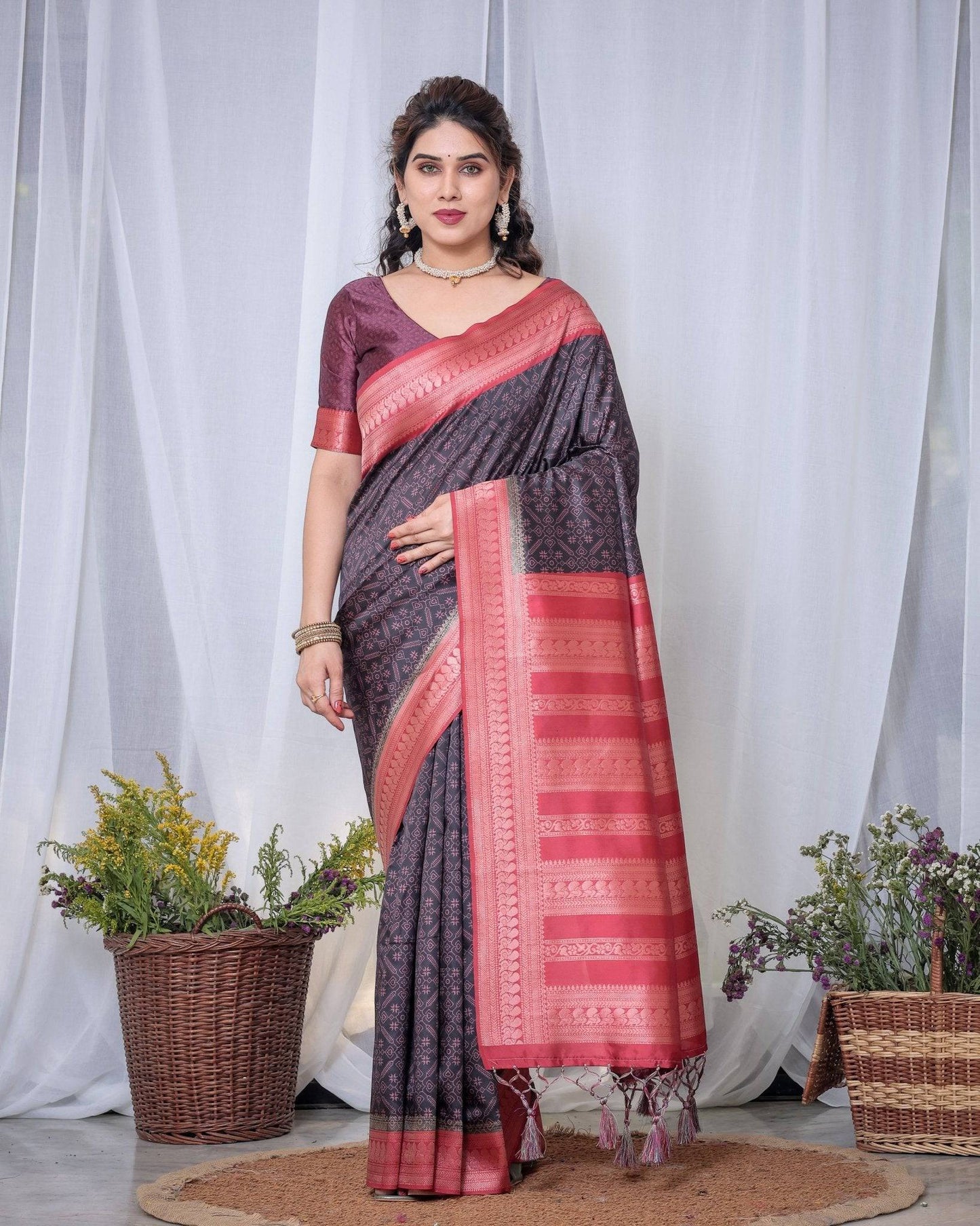 Majestic Black Banarasi Silk Saree with Rose Gold Border and Tassels