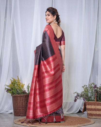 Majestic Black Banarasi Silk Saree with Rose Gold Border and Tassels