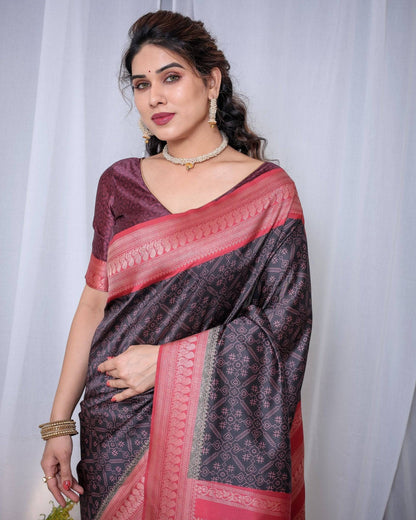 Majestic Black Banarasi Silk Saree with Rose Gold Border and Tassels