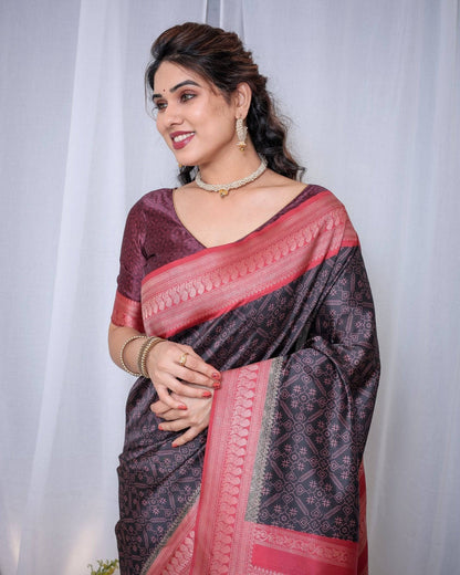 Majestic Black Banarasi Silk Saree with Rose Gold Border and Tassels