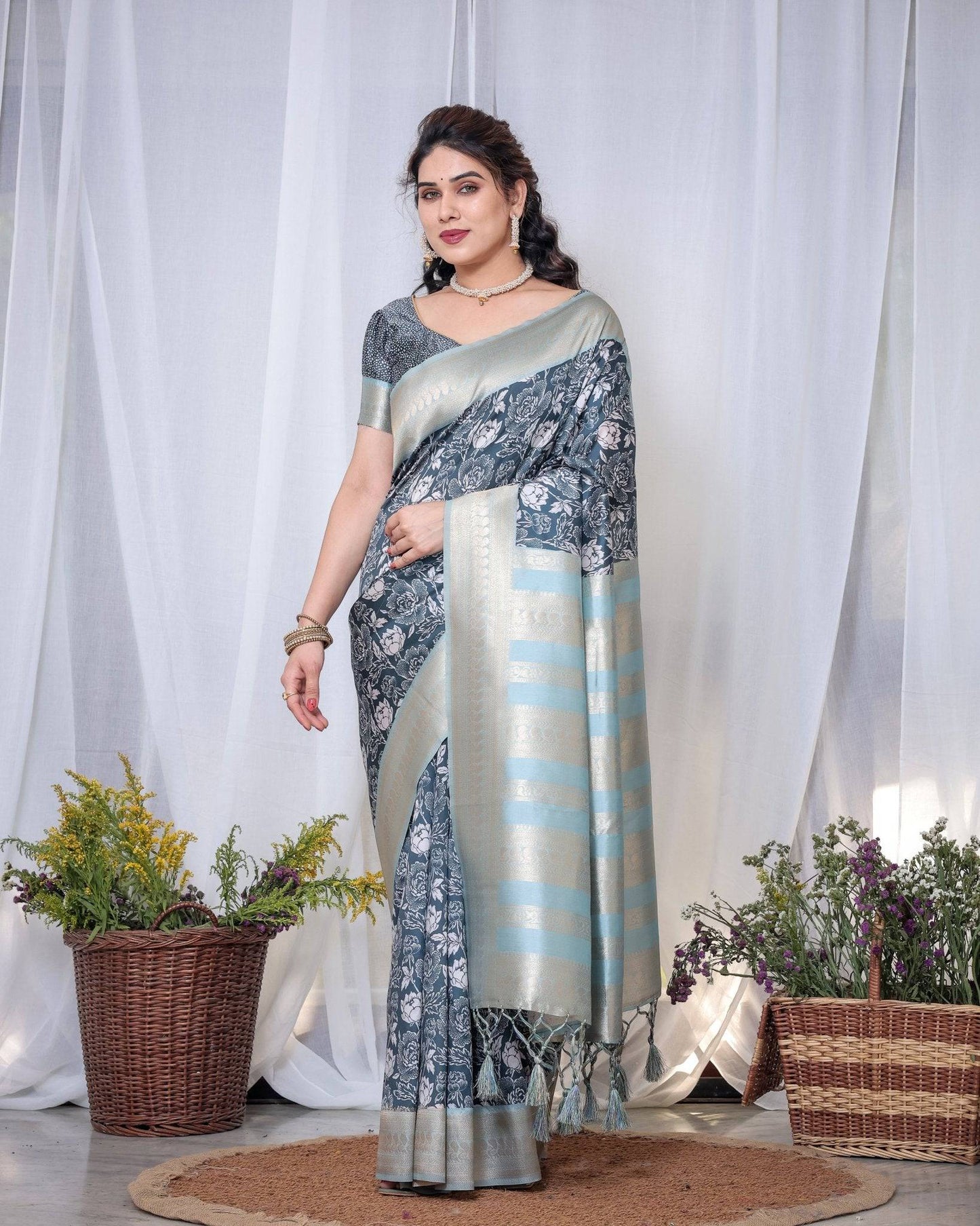 Timeless Blue and Silver Banarasi Silk Saree with Floral Design and Tassels