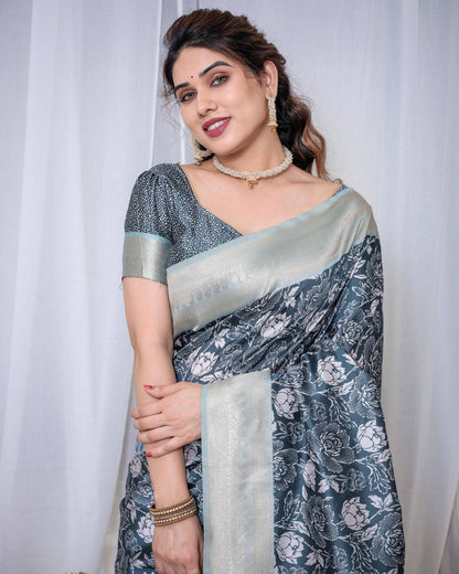 Timeless Blue and Silver Banarasi Silk Saree with Floral Design and Tassels