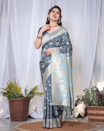 Timeless Blue and Silver Banarasi Silk Saree with Floral Design and Tassels