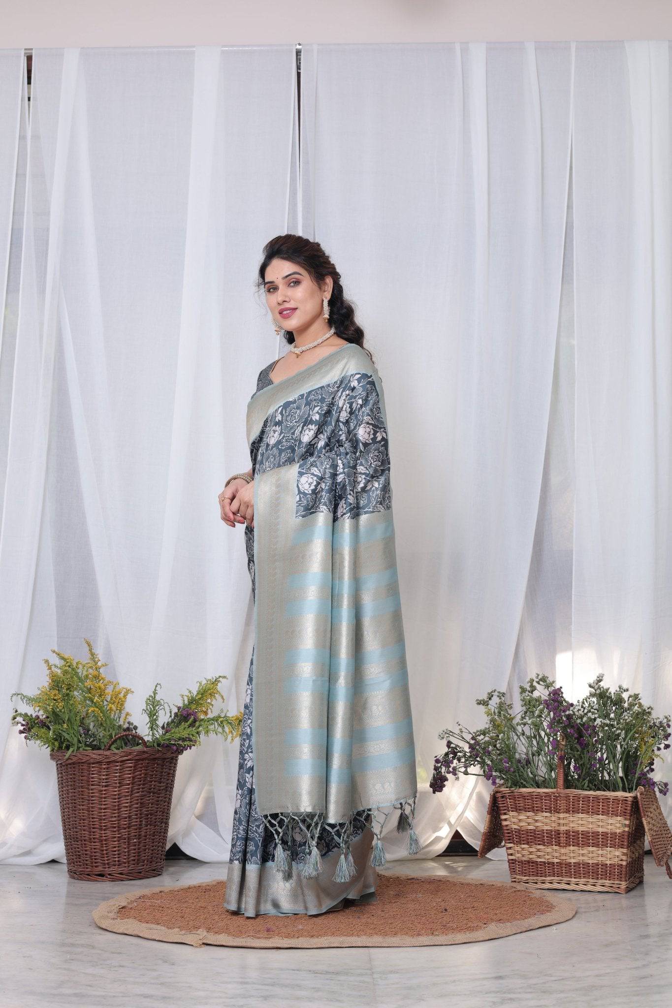 Timeless Blue and Silver Banarasi Silk Saree with Floral Design and Tassels