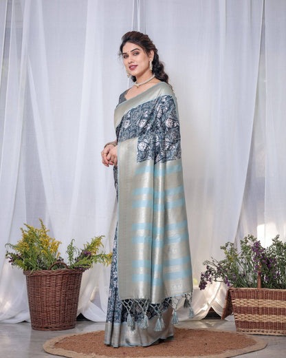 Timeless Blue and Silver Banarasi Silk Saree with Floral Design and Tassels