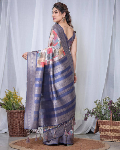 Blue Banarasi Silk Saree with Multicolor Patchwork Digital Print, Zari Border & Tassel Pallu