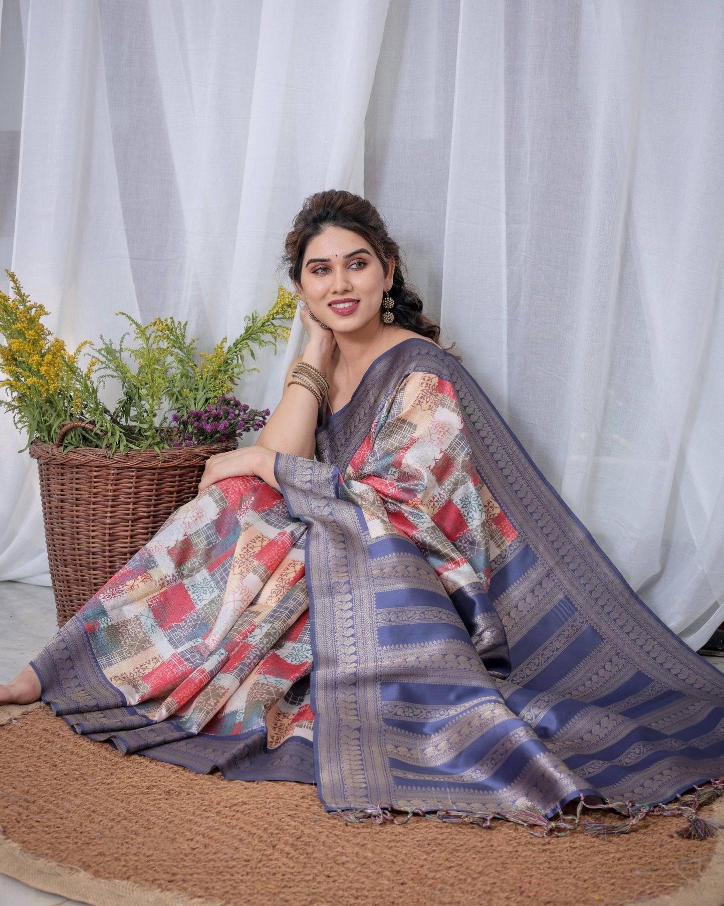 Blue Banarasi Silk Saree with Multicolor Patchwork Digital Print, Zari Border & Tassel Pallu