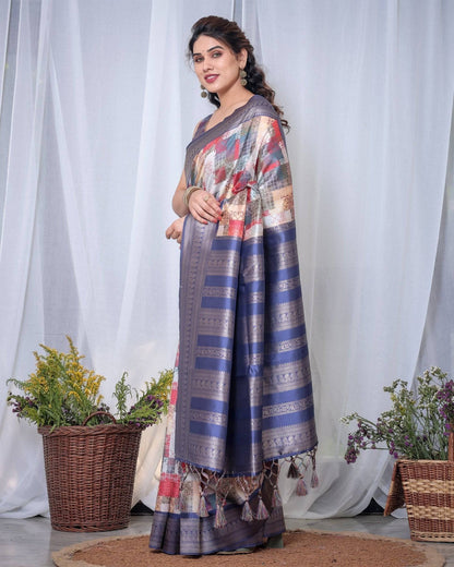 Blue Banarasi Silk Saree with Multicolor Patchwork Digital Print, Zari Border & Tassel Pallu