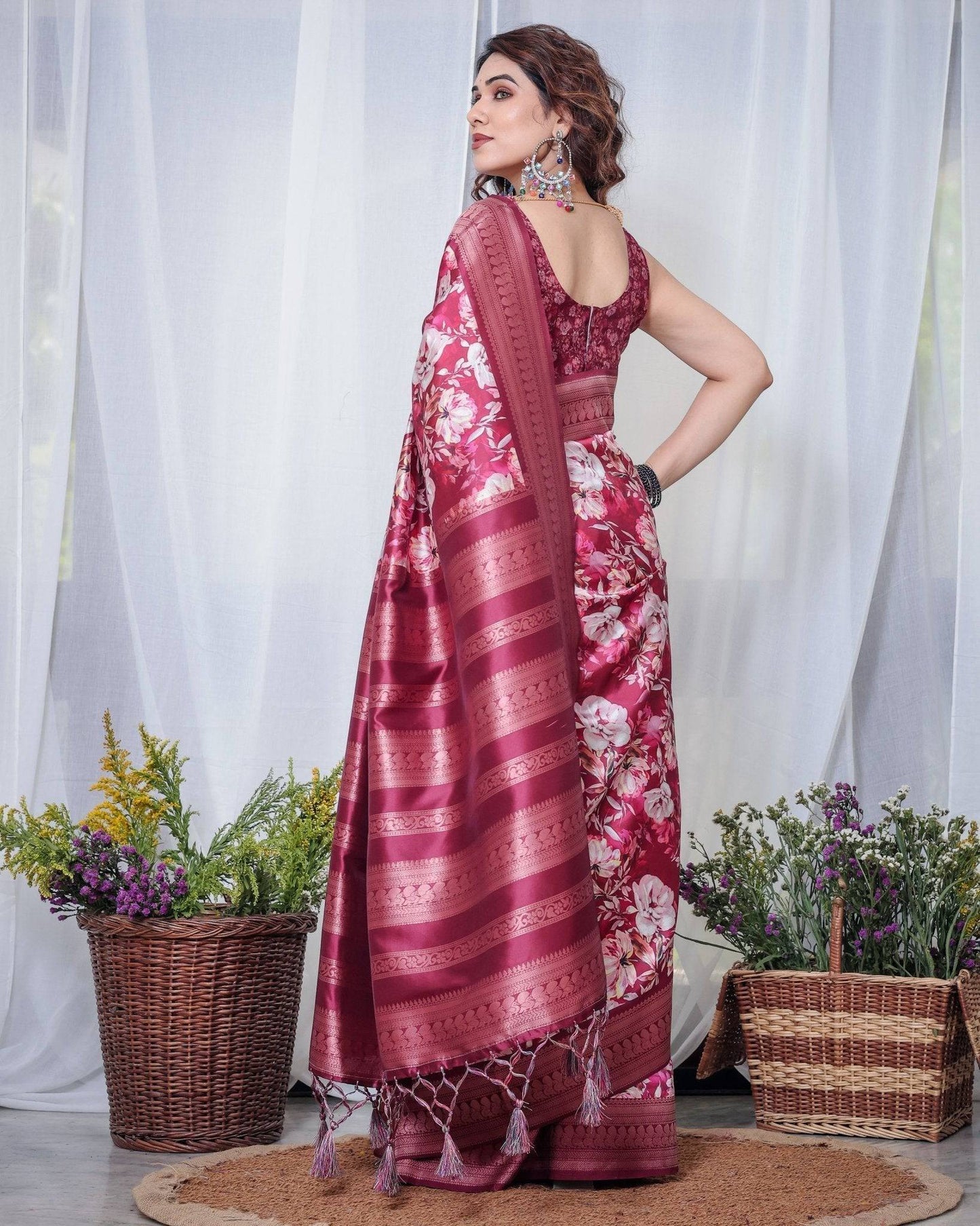 Graceful Maroon Floral Banarasi Silk Saree with Tassels